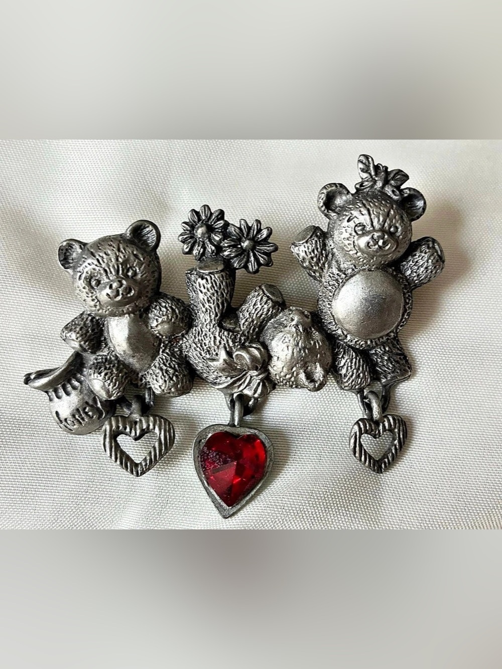 VTG Valentine’s Teddy Bear & Flower Brooch with Heart Charms in Silver & Red